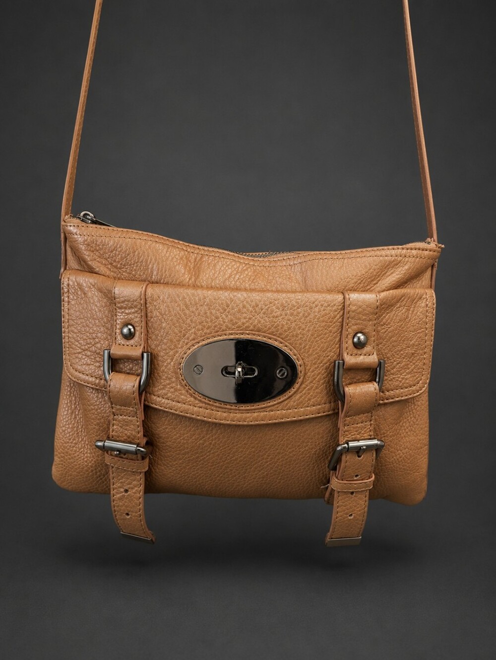 Danier Tan Leather Messenger with Turn-Lock and Buckle Accents